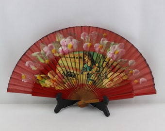 Old vintage bullfight and flamenco theme fan in wood and hand-painted fabric, collectible fan, women's gift, Mother's Day