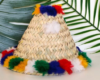 Chapeau marocain fait main, chapeau pour enfants en feuilles de palmier et pompons, Chapeau de plage artisanal marocain pour fille et garçon