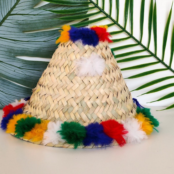 Chapeau marocain fait main, chapeau pour enfants en feuilles de palmier et pompons, Chapeau de plage artisanal marocain pour fille et garçon