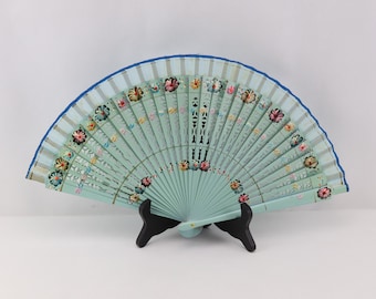 Hand-painted wooden and fabric fan, antique collector's fan, "Madame Récamier" model, vintage blue fan, Mother's Day