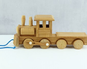 Handmade vintage wooden train, wooden steam locomotive toy made in France, wooden toy, collectible toy, vintage train