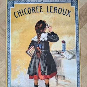 Manifesto pubblicitario vintage francese Chicorée Leroux, manifesto pubblicitario vintage del marchio francese Chicorée Leroux