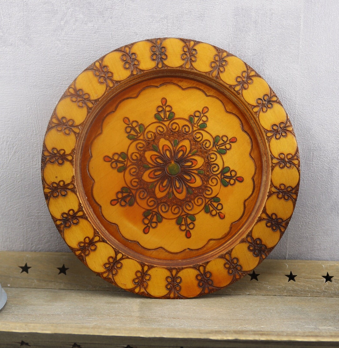 Decorative Vintage Plate, Handcrafted Painted Wooden Dish, Handmade