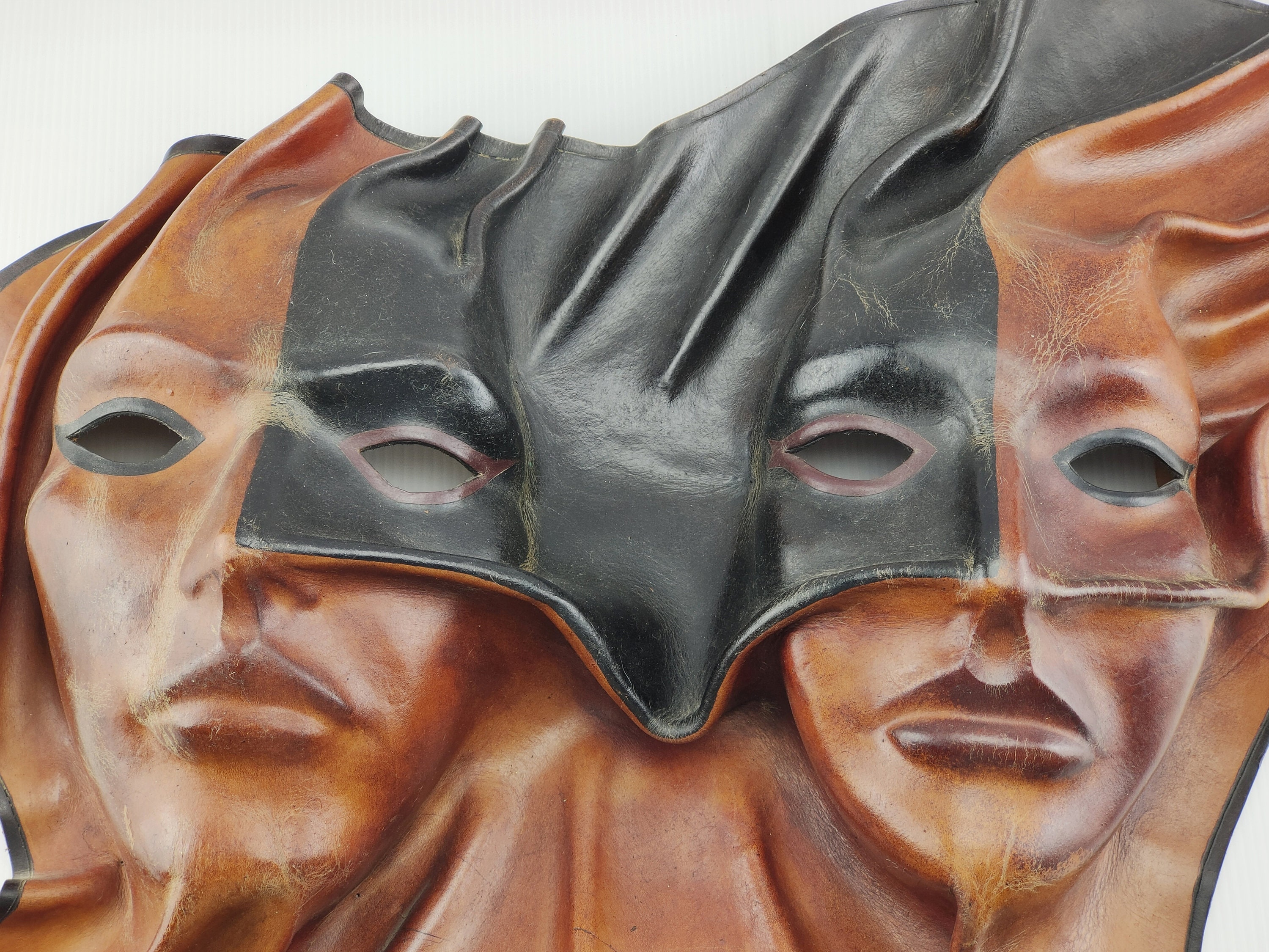 Decorative Vintage Leather Wall Mask Representing Two Faces of