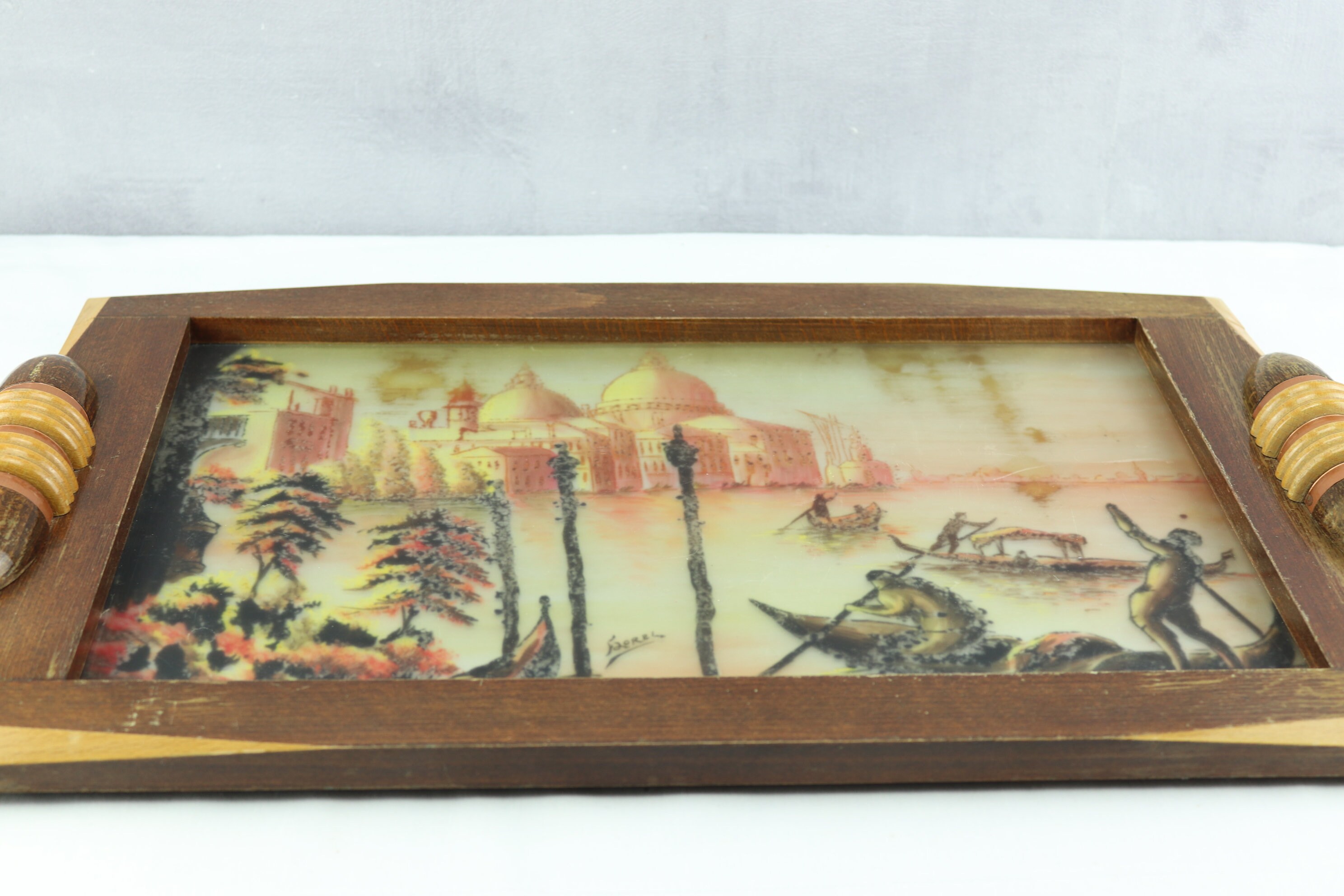 Grand Plateau Art Déco Florel - Service Vintage Peint Venise - Bois Laiton Verre - 55x32 Cm