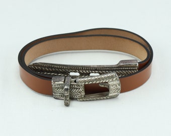 RENZA vintage leather belt for women or men, old belt with silver metal buckle, unisex belt, cowboy belt