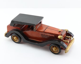 Vintage handmade wooden miniature French car model, old wooden car, handcrafted car, wooden decoration