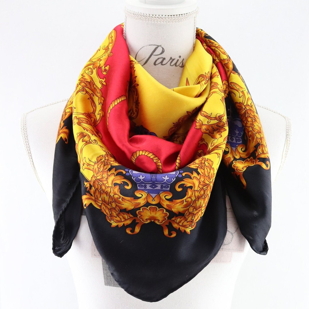 Vintage Silk Scarf, Old Square Black Yellow and Red Colors