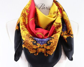 Vintage silk scarf, old square black yellow and red colors, women's scarf,  gift for women, vintage silk fabric, shawl