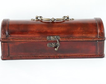 Vintage houten opbergdoos, kleine houten en messing koffer, schatkist, retro sieradendoos, kleine schatkist