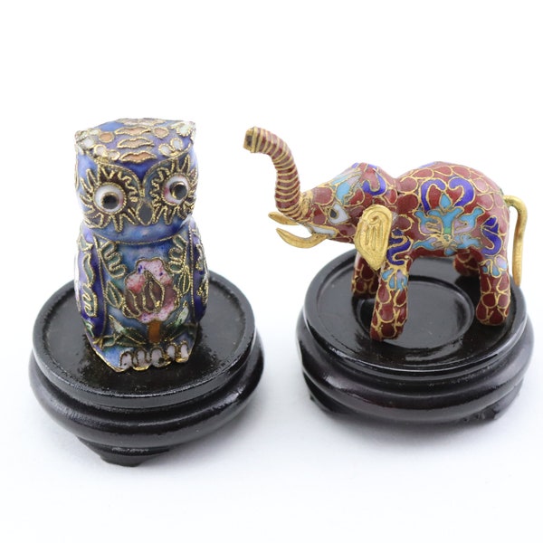 Figurines hibou et éléphant cloisonnées , figurine animaux vintage, bibelots en porcelaine, figurines décoratives, statuette animal