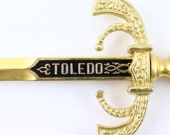 Toledo sword letter opener, gold-plated sword, vintage gold-plated enameled letter opener, Toledo letter opener, Spanish sword, 1960s Toledo sword, dagger