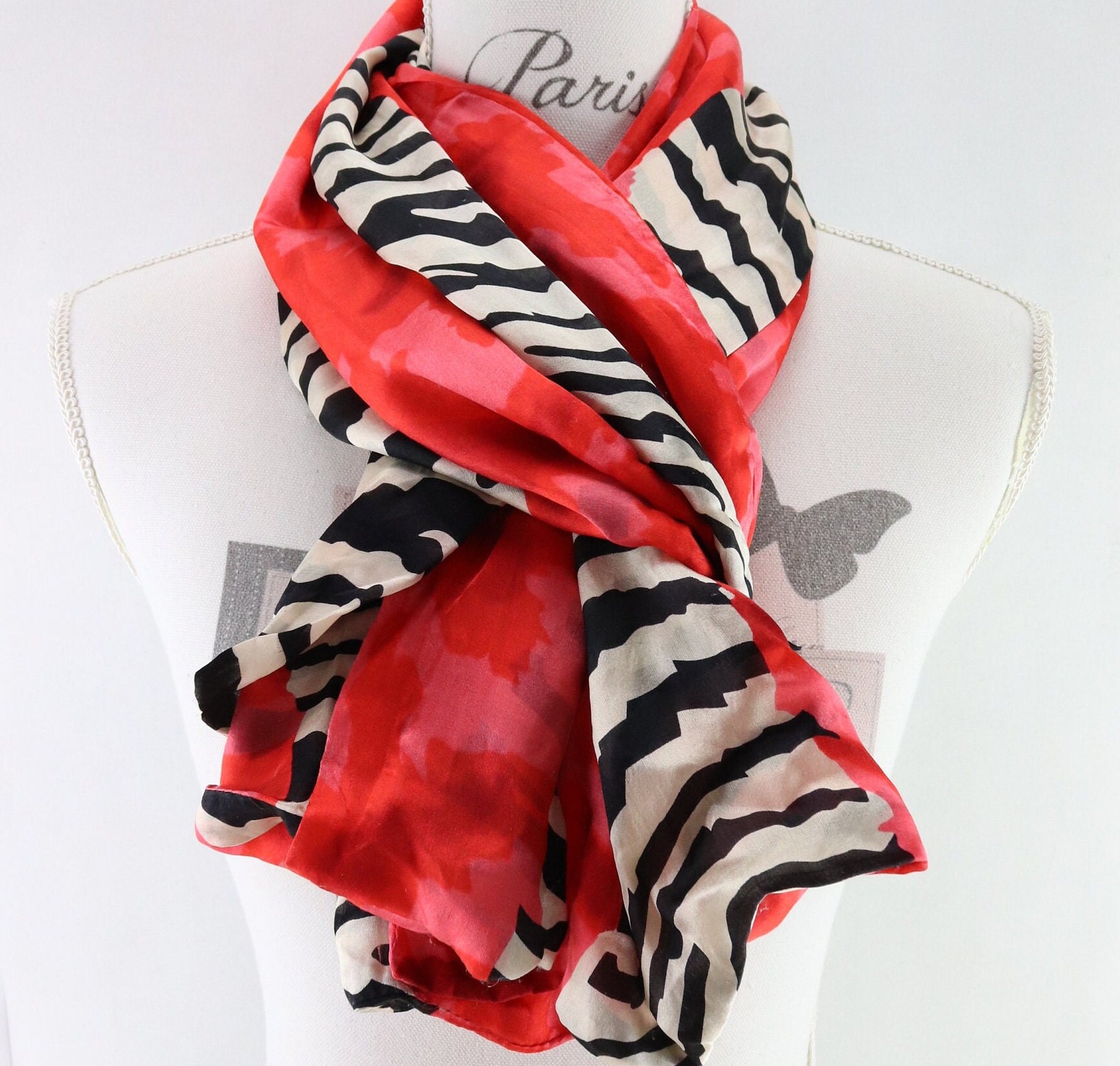 Vintage Pure Silk Scarf, 80s Women's Stole, Zebra Pattern Vintage Pure Silk Scarf, 80s Women's Stole, Zebra Pattern