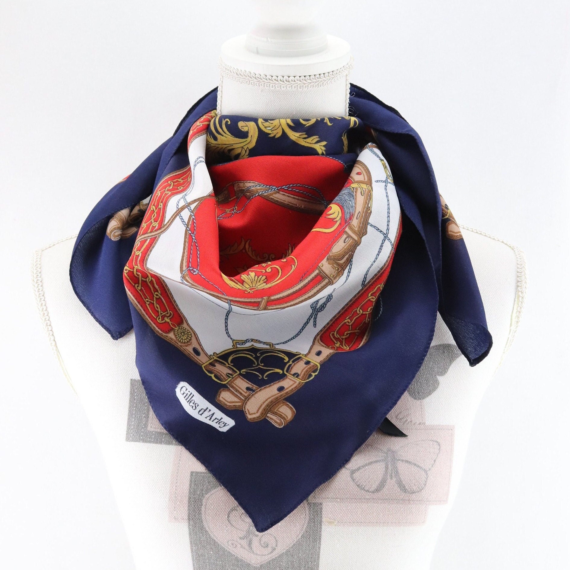 Foulard Carré En Soie Vintage - Motif Gavroche, Cadre Bleu Blanc Rouge - Cadeau Femme