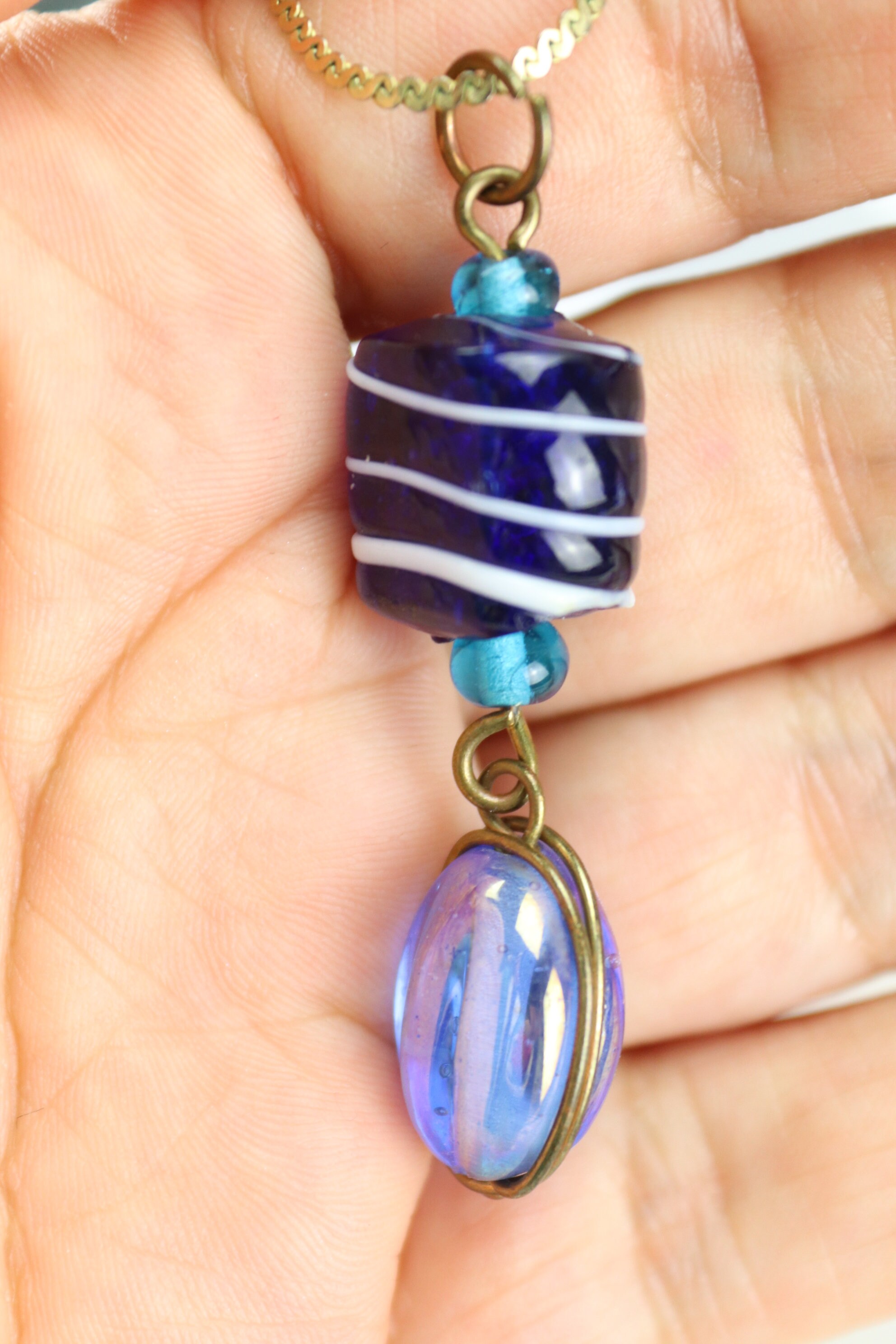 Collier Vintage Pendentif Perle De Verre Et Cristaux - Chaîne Métal Doré