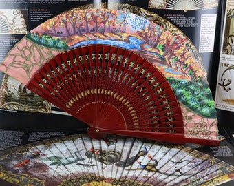 Vintage hand-painted wooden and fabric fan, rare brown fan, collector's item, gift for women, Mother's Day gift