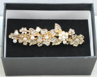 Vintage pearl and rhinestone bridal hair comb clip, crystal gold headpiece by BERNARD CASSIERE PARIS, wedding hair clip