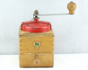 Vintage French coffee grinder in wood and metal by Peugeot Frères, antique coffee grinder, Peugeot signed grinder