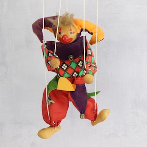 Vintage wooden and fabric string puppet, vintage court jester puppet, antique puppet, string puppet, wooden toy