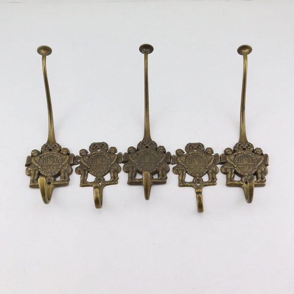 French vintage wall hooks, brass wall hooks, 5 old wall hooks, old brass coat hooks, floral hooks, coat rack