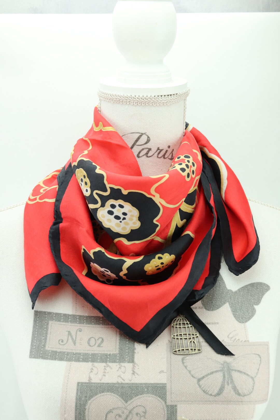 Vintage Square Scarf in Red and Black Silk, Old Floral Pattern Scarf, Red Scarf, Girl's Scarf