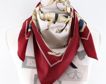 Vintage square scarf from Bahrain, equestrian print scarf, polyester square, gift for women, red scarf, Mother's Day