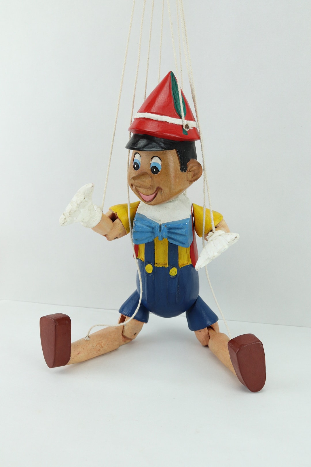 Italian Pinocchio String Puppet in Vintage Handmade Wood, Old Wooden