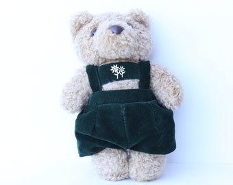 Vintage teddy bear from the 80s, articulated teddy bear in green Edelweiss overalls, vintage teddy bear, teddy bear, gift idea