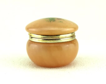 Vintage alabaster box with floral designs, vintage Italian trinket box, pill box, natural stone box, round box
