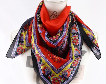 Vintage 100% silk scarf, antique red and black scarf, women's scarf, silk square scarf for women, gift for women, Valentine's Day gift