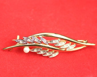Vintage brooch in gold metal, old gold leaf-shaped brooch with pearl and rhinestones, pins for women, Valentine's Day gift