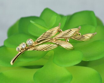 Broche Vintage Années 80 Métal Doré Feuille Avec Zircon - Occasion