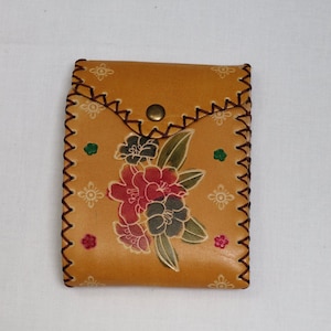 Portefeuille en cuir vintage avec dessins peints à la main, ancien portefeuille cousu et peint à main en cuir, porte carte en cuir vintage