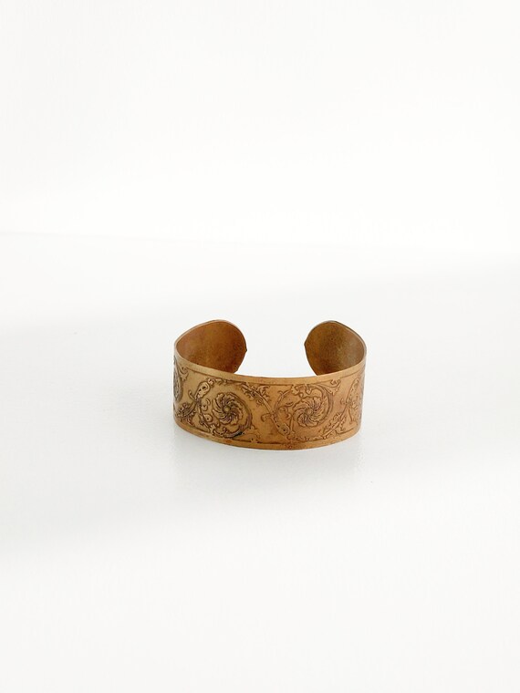 Bracelet Manchette Laiton Doré Orné Volutes Vintage Signé CCB - Occasion - Style Bohème