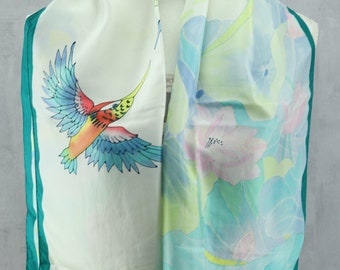 Vintage silk scarf, Natural silk shawl with bird patterns and hand painted, shawl for women, gift for women, gift idea