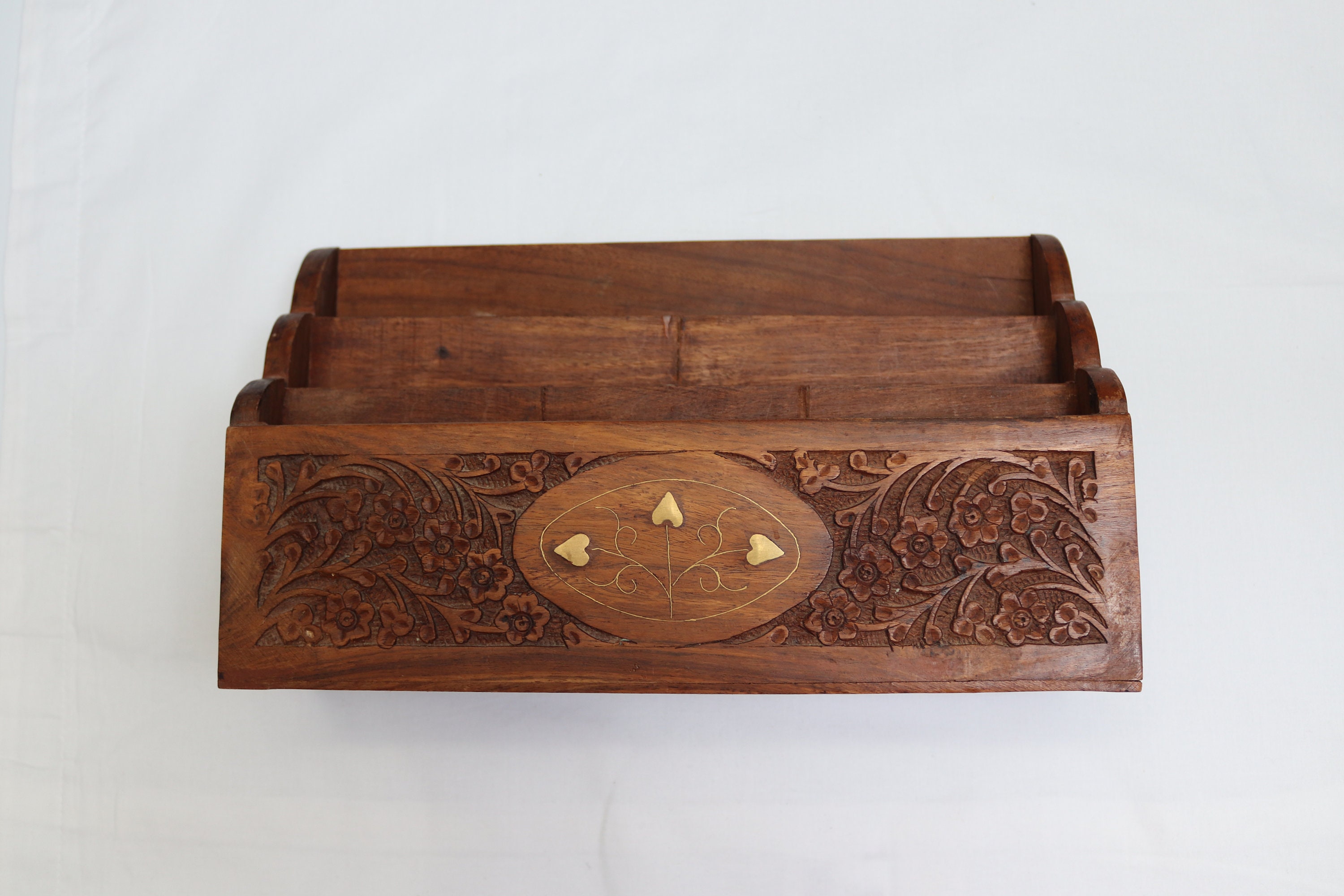Rack De Lettres En Bois Marron Rétro : Organisateur Bureau 3 Compartiments Avec Tiroir Pour Courrier Et Dossiers