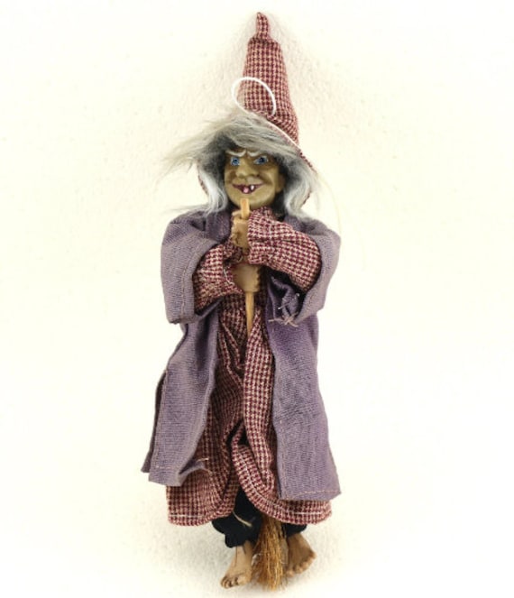 Flying vintage kitchen witch with her broom Decorative antique lucky witch doll to hang