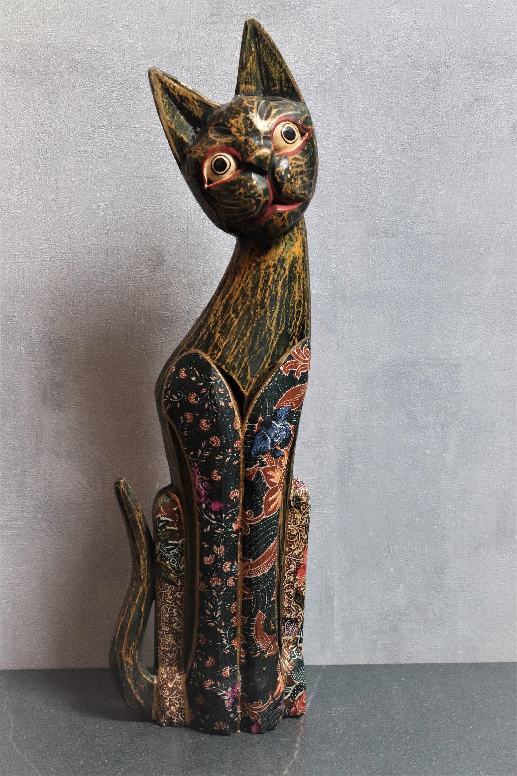 Grand chat 1 mètre statuette en bois style ethnique