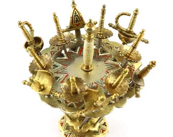 Toledo Swords with stand, 12 gold-plated cocktail swords, enameled gold appetizer picks, Toledo cocktail pick stand, Toledo Swords from 1960