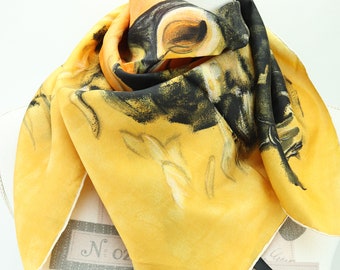 Vintage silk scarf, old hand-rolled scarf, yellow and black silk square, women's scarf, gift for women, silk stole