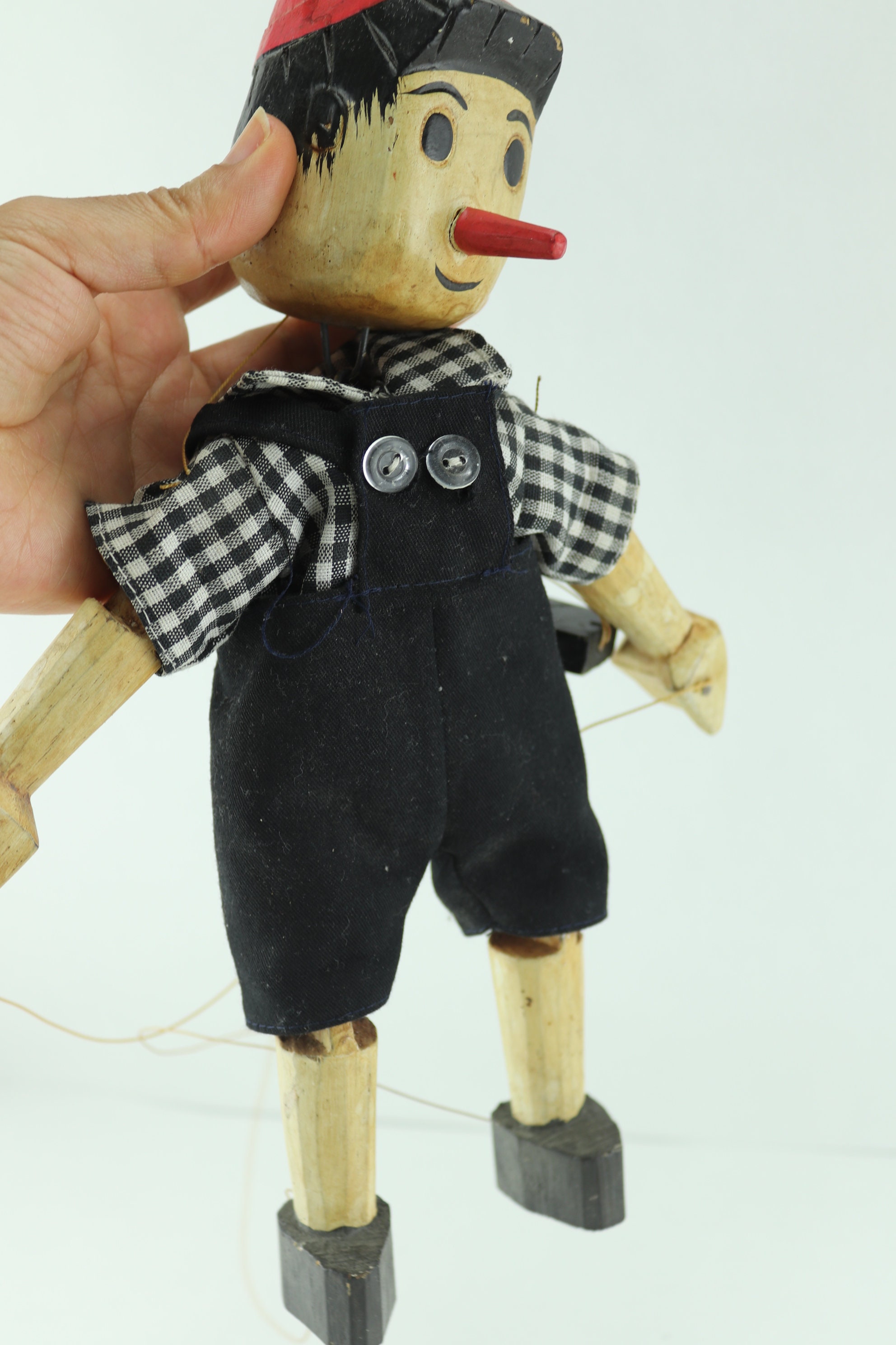 Marionnette Ancienne Pinocchio En Bois Peint - France, Années 1950-60, 6 Cordes
