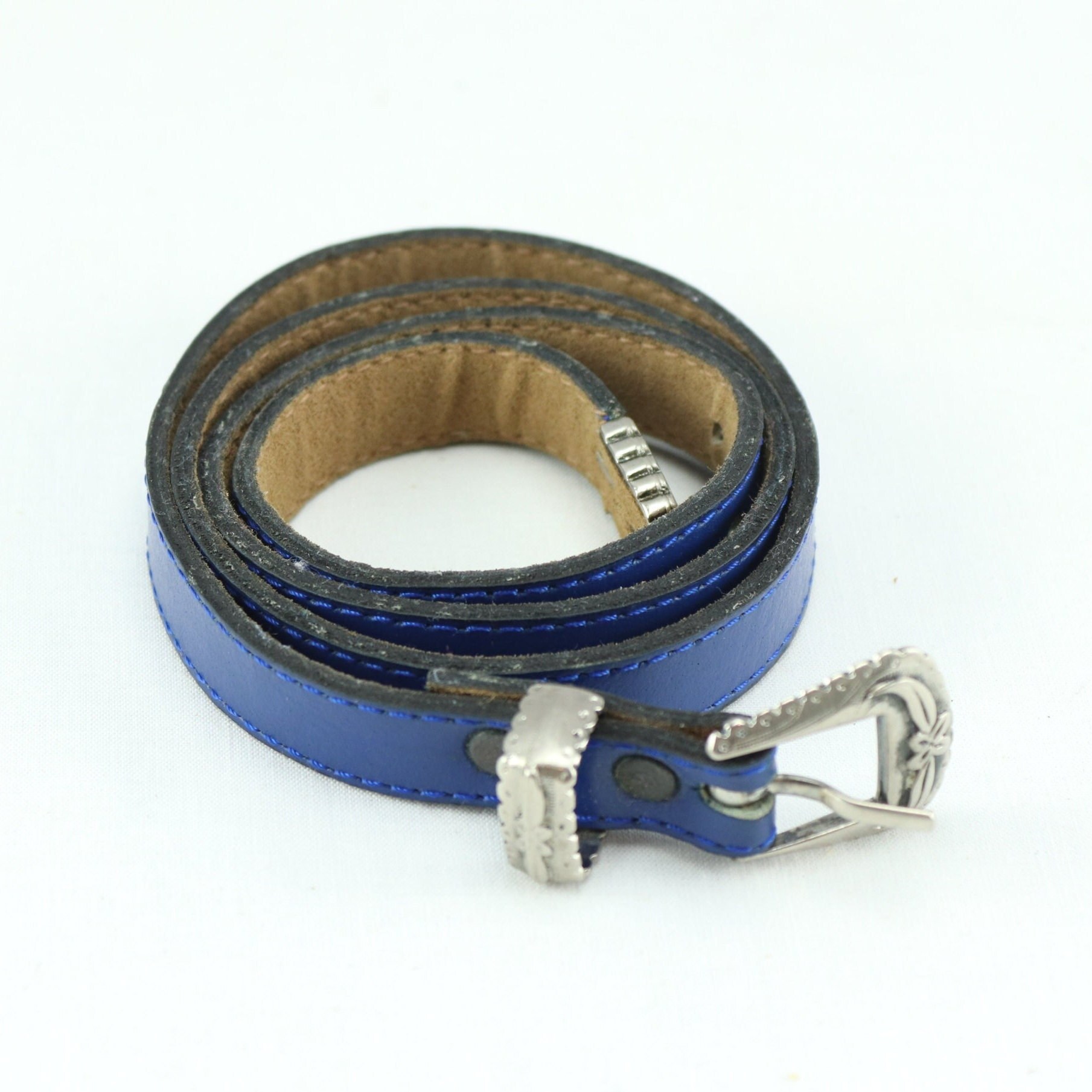 Vintage Blue Leather Belt, Small Size Belt With Silver  display picture 1