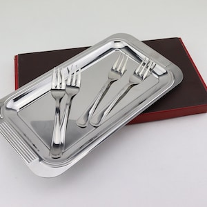 Vintage Guy Degrenne cake tray, real stainless steel tray with 4 dessert forks, stainless steel dessert tray made in France