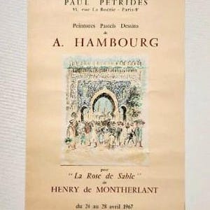 Manifesto originale di Paul Pétridés del 1967, Mostra di dipinti, pastelli e disegni di "A. Hambourg" per "la rose de sable", decorazione murale