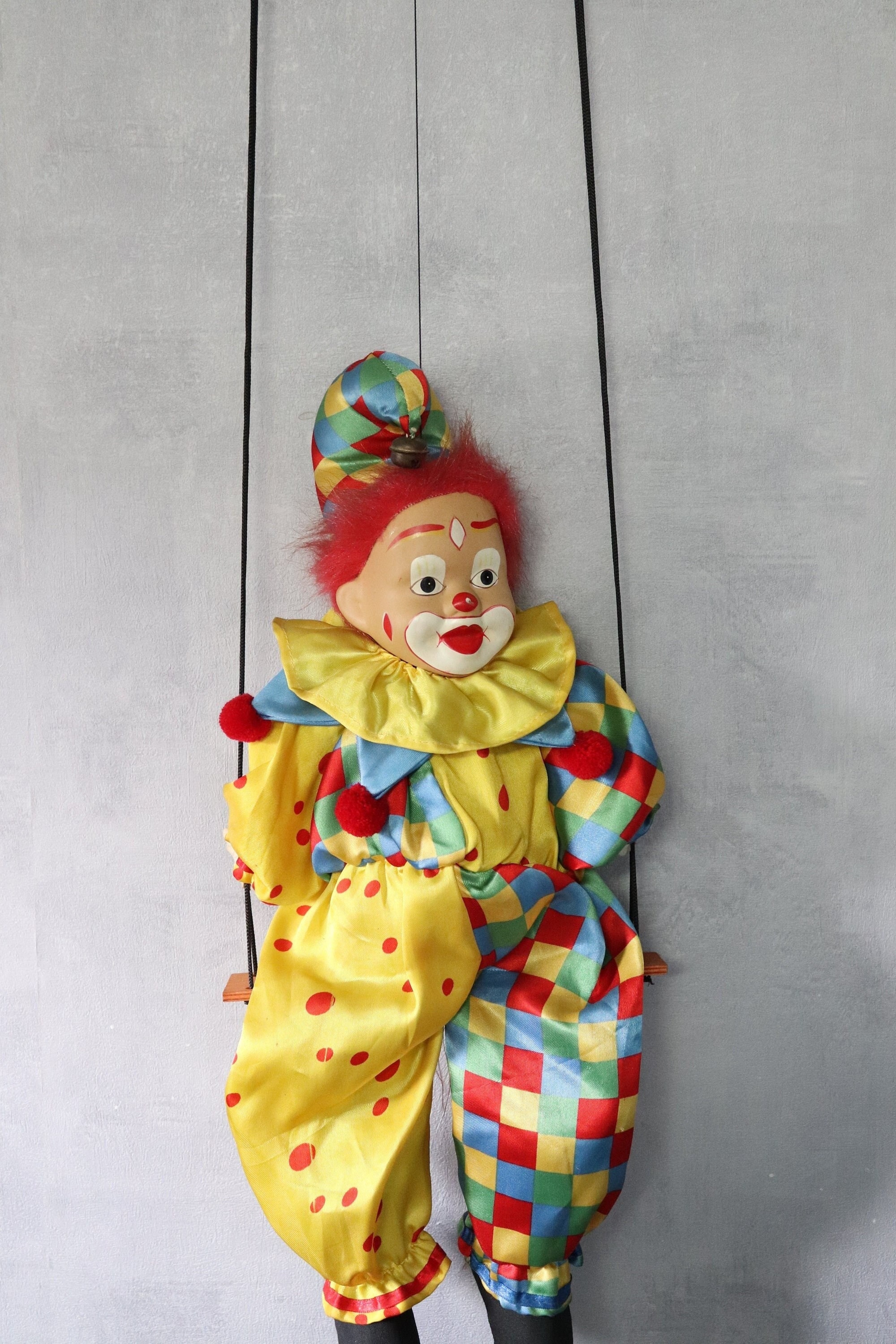 Vintage Clown Doll on a Swing, Antique Porcelain Clown From