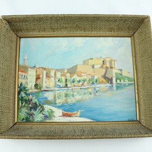 Vintage-Gemälde auf Holz mit einer provenzalischen Küstenlandschaft, signiert MATTEI, ein altes dekoratives Gemälde, das die Stadt Calvi darstellt.