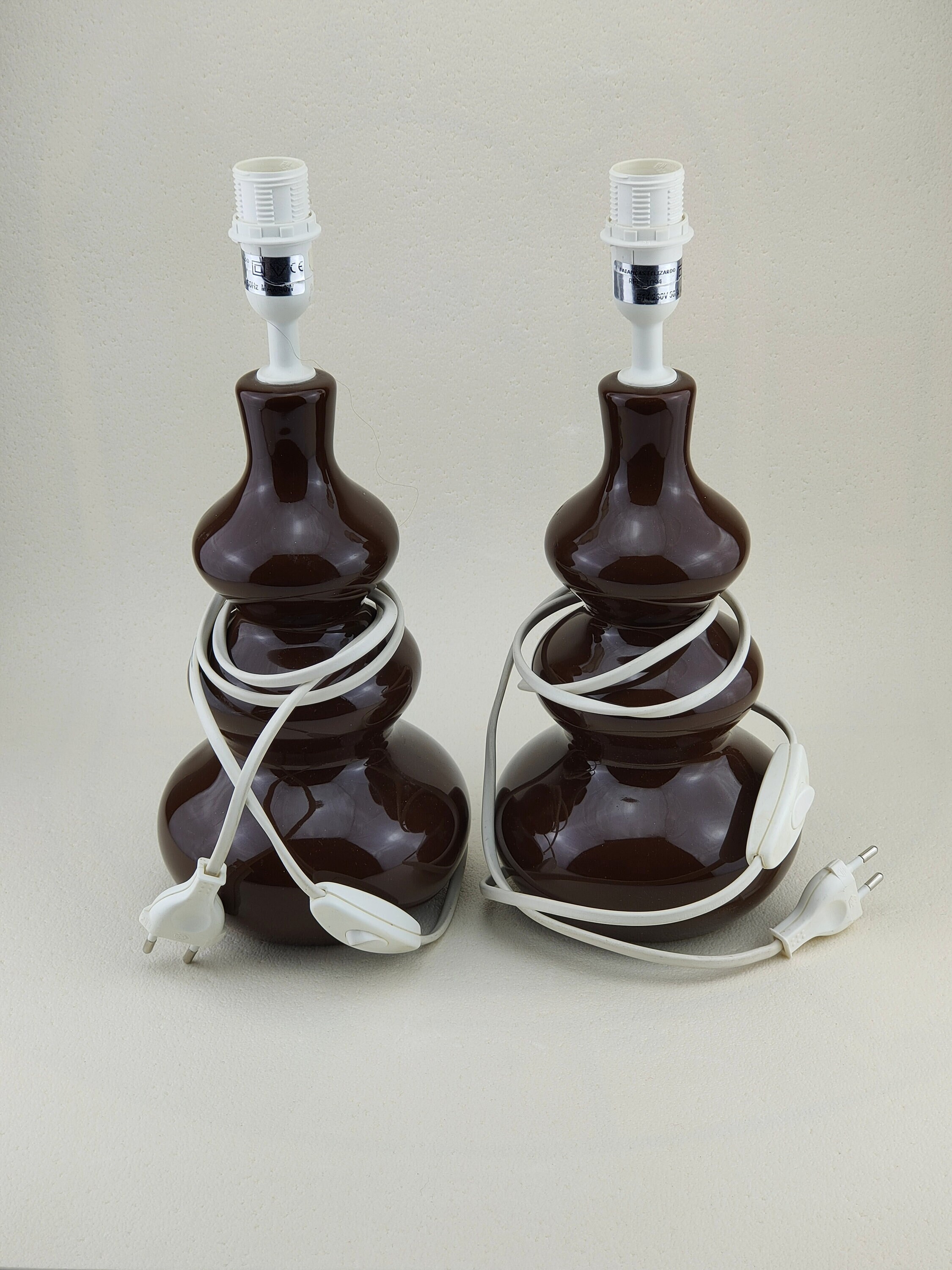 Paire de Pied Lampe Chevet Italienne Felizardo Vintage Marron en Faïence