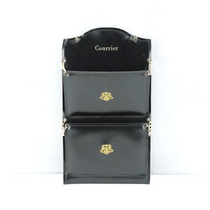 Portacartas vintage de cuero negro, organizador de 2 compartimentos con escudo de metal dorado, almacenamiento de cartas vintage, almacenamiento de oficina