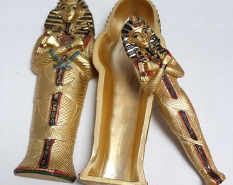 Tutankhamun sarcophagus and his mummy for decoration, vintage Tutankhamun statuette, Egyptian figurine, golden Egyptian mummy, Egypt