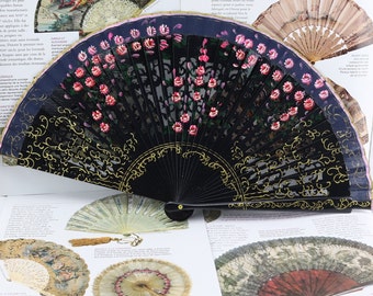 Vintage collector's fan, rare wooden and fabric fan with hand-painted flowers, fan inspired by Madame DU BARRY, gift for a woman